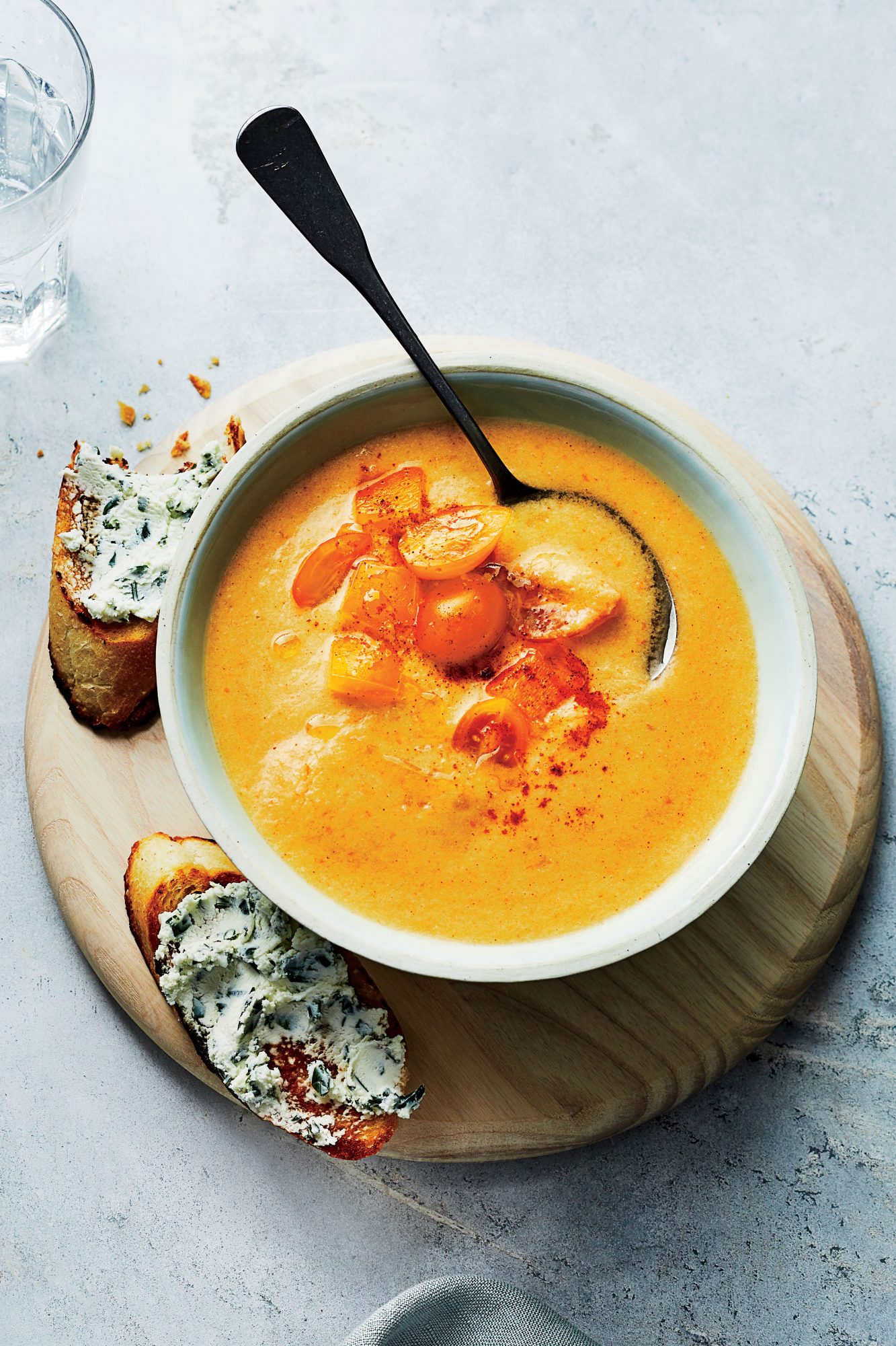 Yellow Gazpacho with Herbed Goat Cheese Toasts